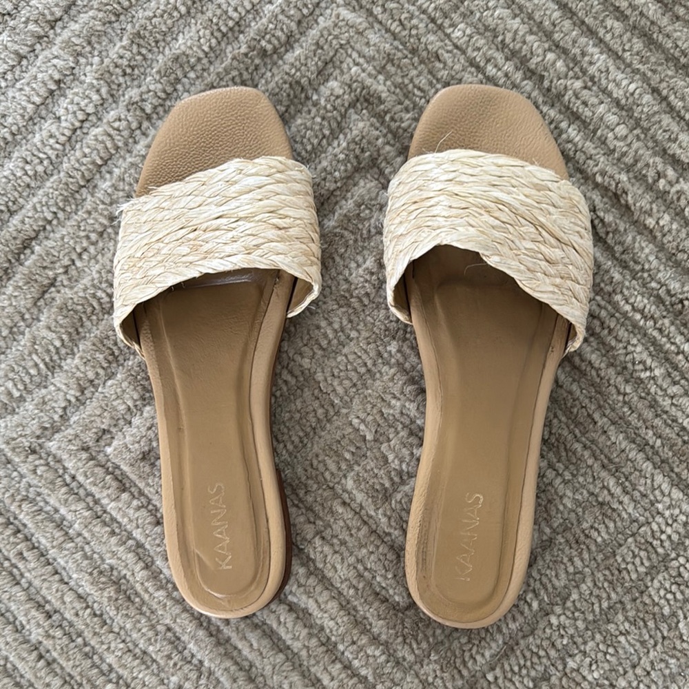 Kaanas Tan and Cream Braided Slide Sandals